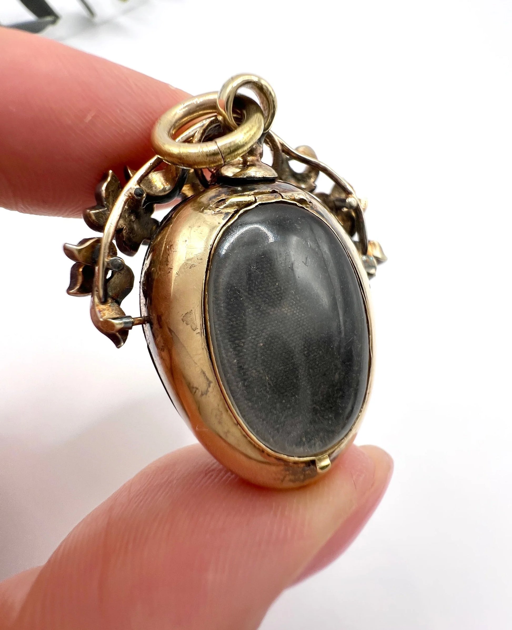 Early Victorian Antique Cabochon Garnet and Diamond Locket Pendant in Original Henry Tessier Box