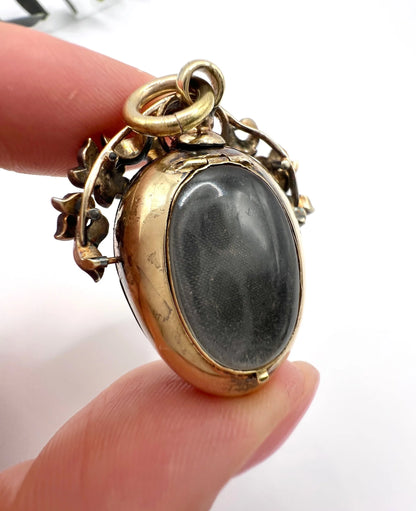 Early Victorian Antique Cabochon Garnet and Diamond Locket Pendant in Original Henry Tessier Box