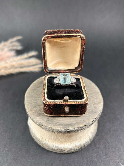 Art Deco 14 Carat White Gold Emerald Cut Aquamarine and Diamond Ring, Circa 1920