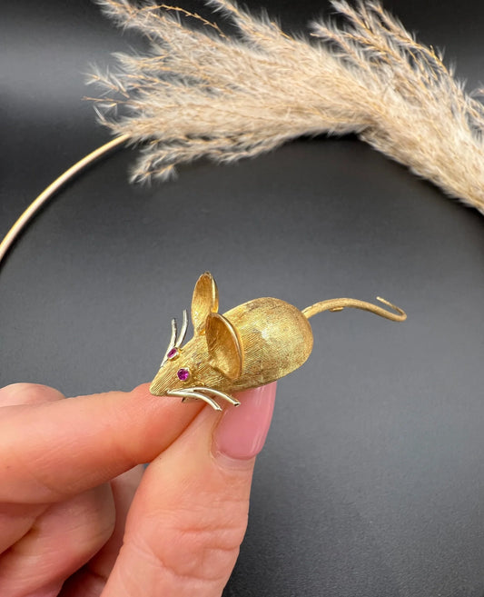 Vintage 18ct Gold Italy Stamped, 1960s Ruby Mouse Brooch, Animal Jewellery