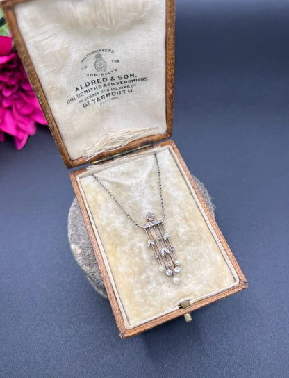 Antique 18ct Gold & Platinum, Edwardian Diamond and Pearl Pendant Necklace