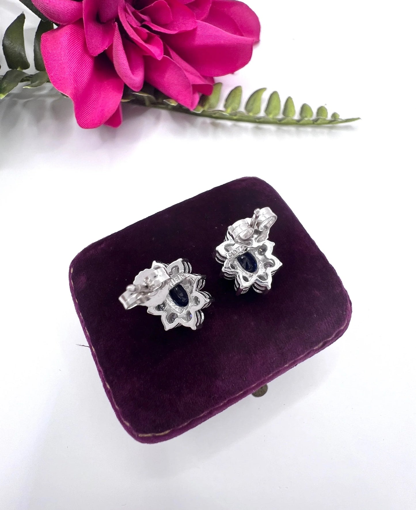 Vintage 18 ct White Gold, 1980's Natural Sapphire And Diamond Oval Cluster Earrings