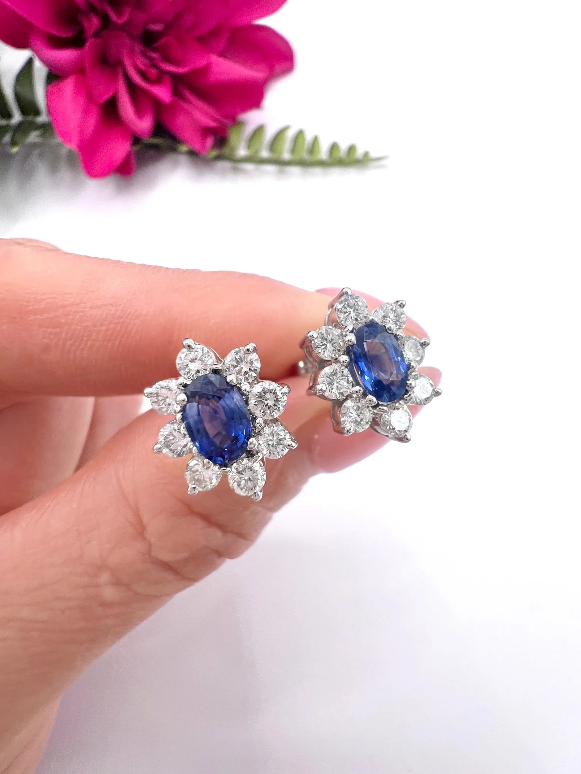 Vintage 18 ct White Gold, 1980's Natural Sapphire And Diamond Oval Cluster Earrings