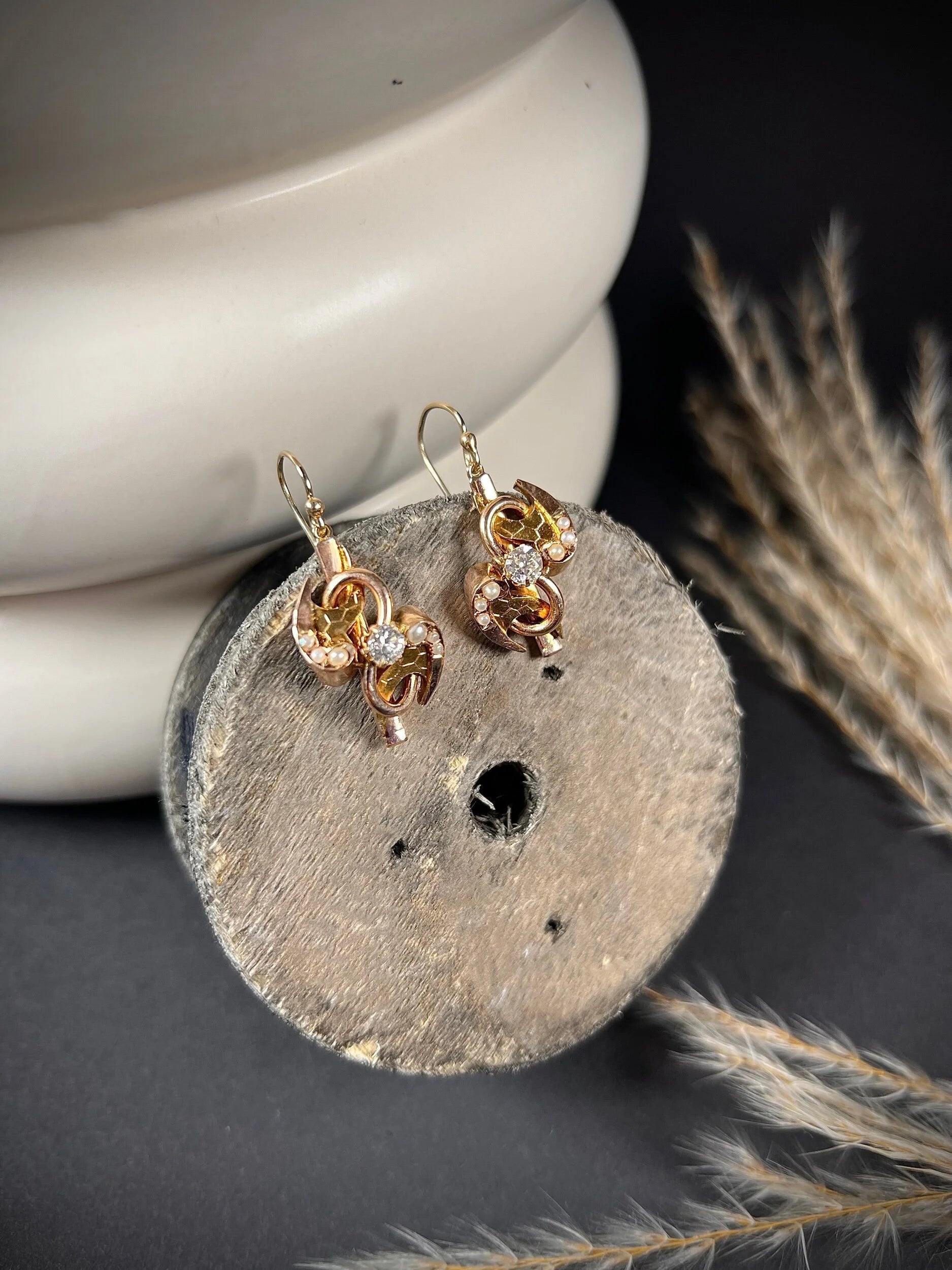 Victorian 12 Carat Gold Diamond and Pearl Drop Earrings, Circa 1880