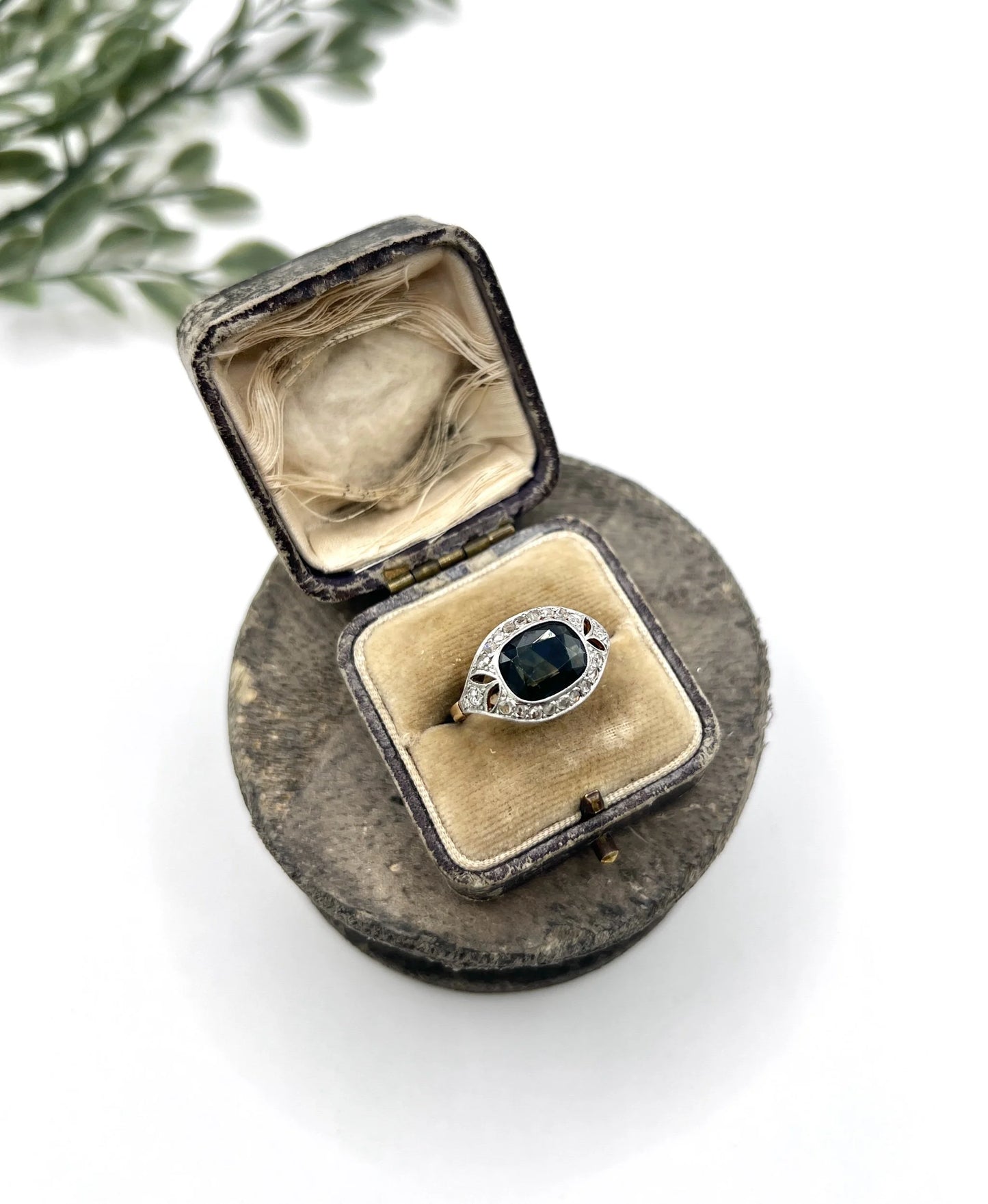 Antique 18ct Gold & Platinum, Edwardian Cushion Cut Sapphire and Diamond Ring