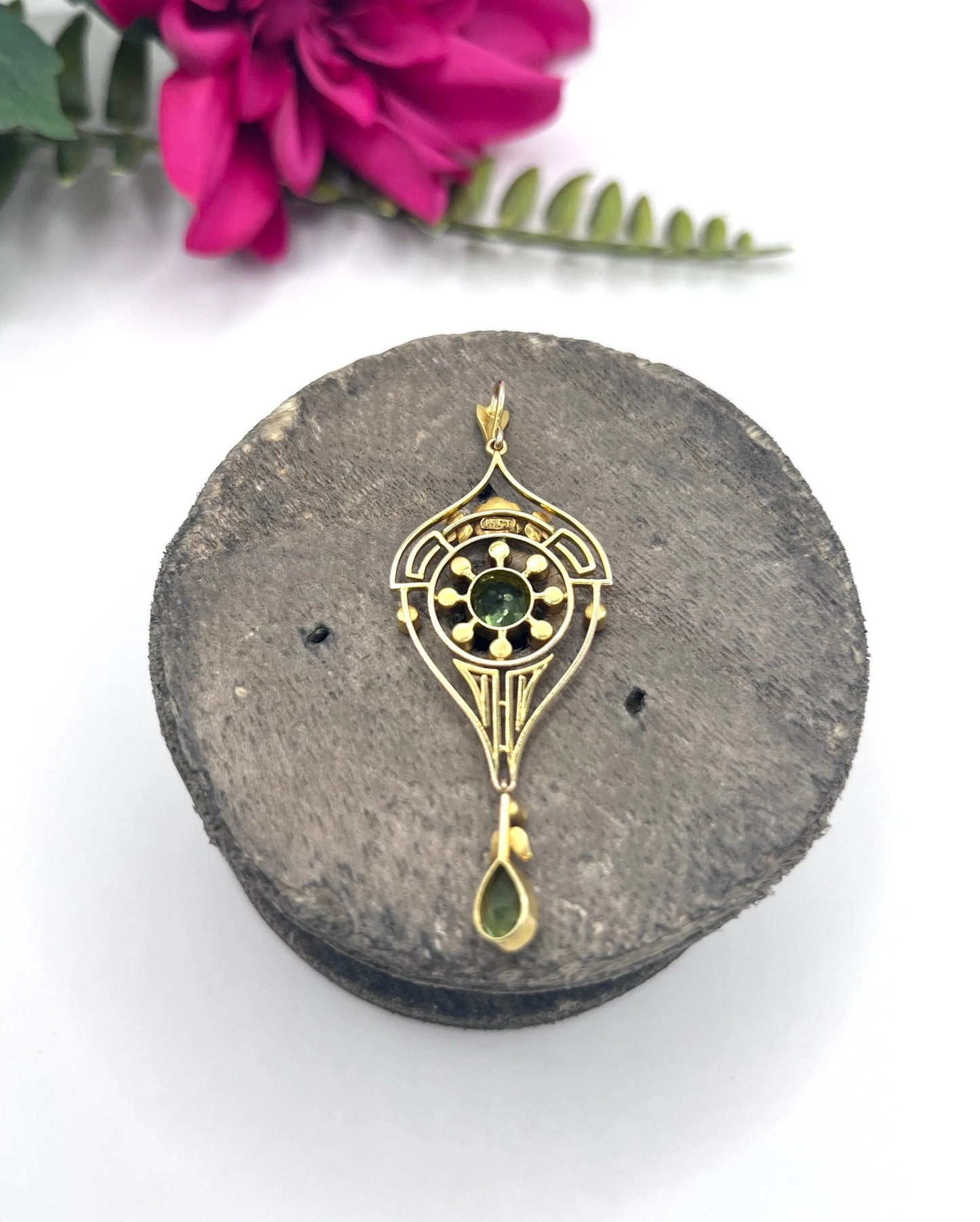 Antique 15 Carat Yellow Gold Peridot and Seed Pearl Drop Pendant, Circa 1910