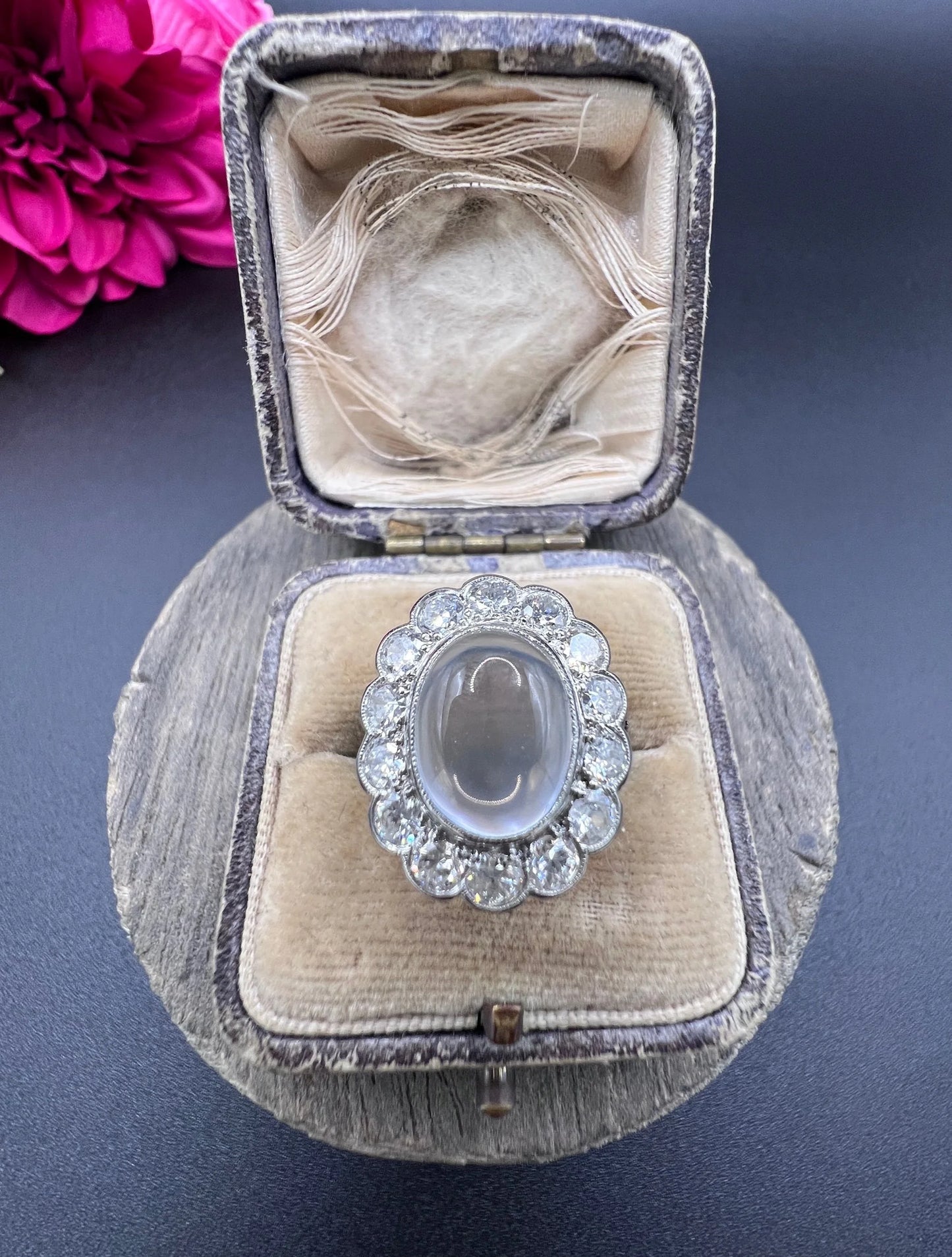 Antique French Platinum Cabochon Moonstone and Diamond Cluster Ring, Circa 1920