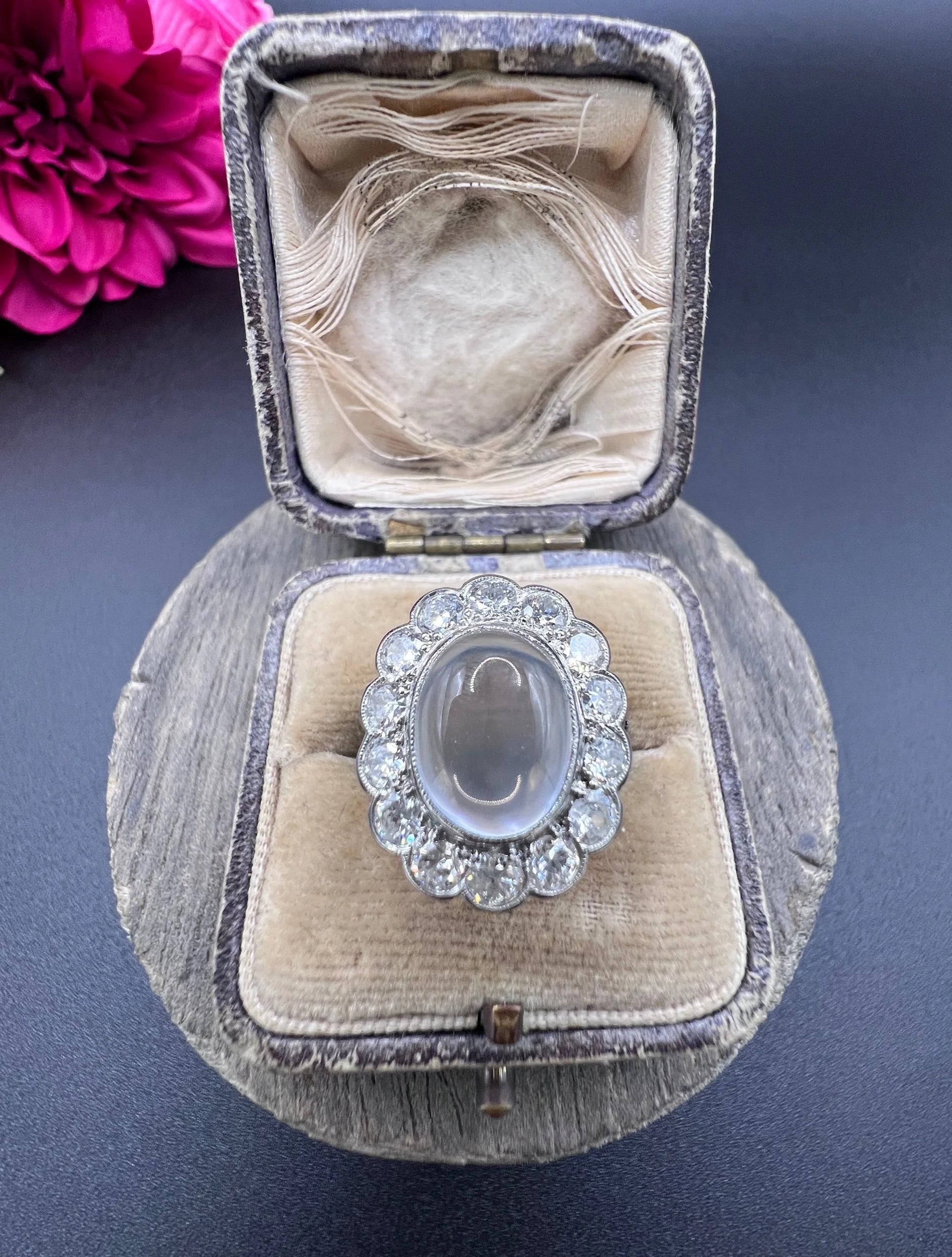 Antique French Platinum Cabochon Moonstone and Diamond Cluster Ring, Circa 1920