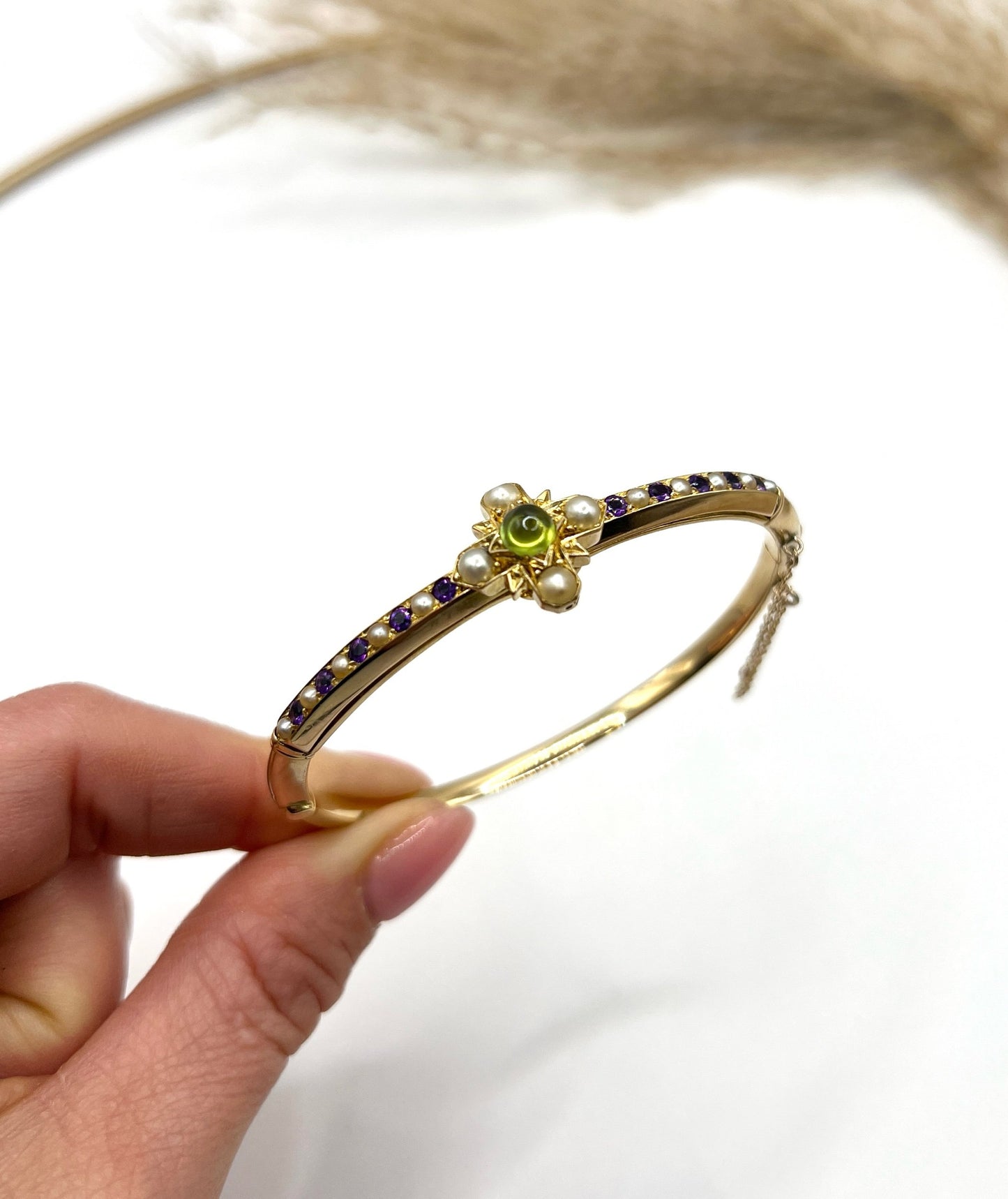 Antique 15 Carat Gold Peridot, Amethyst and Pearl Suffragette Bangle, Circa 1910