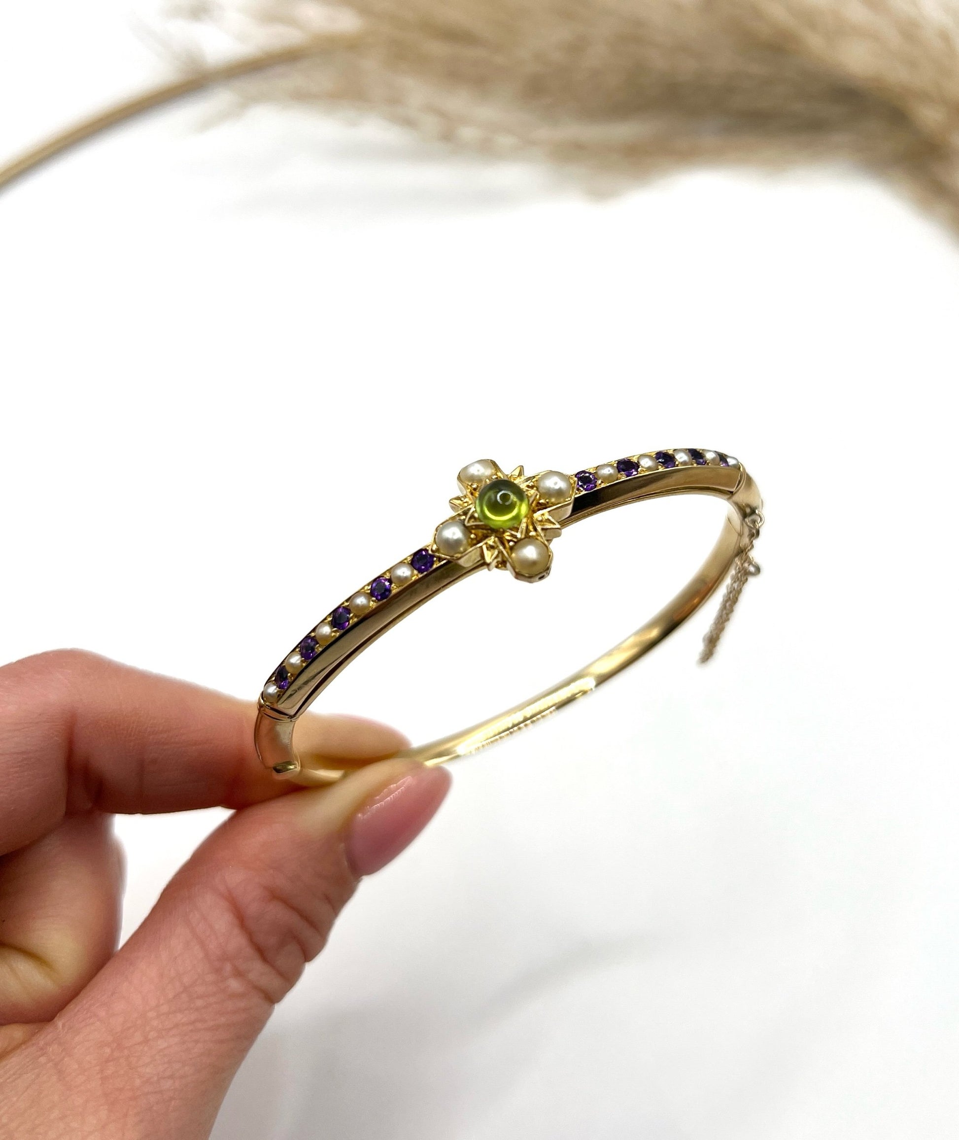 Antique 15 Carat Gold Peridot, Amethyst and Pearl Suffragette Bangle, Circa 1910