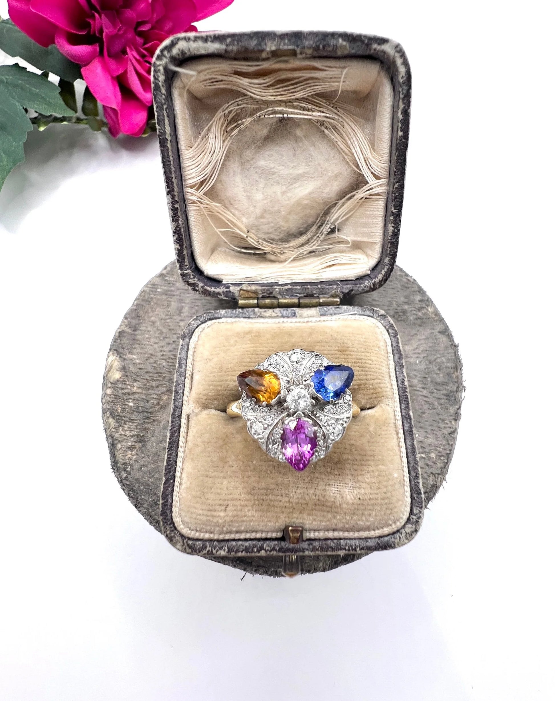Vintage 18ct Gold, 1980s Natural Sapphire, Pink Sapphire & Citrine Cocktail Ring