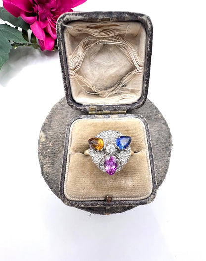 Vintage 18ct Gold, 1980s Natural Sapphire, Pink Sapphire & Citrine Cocktail Ring