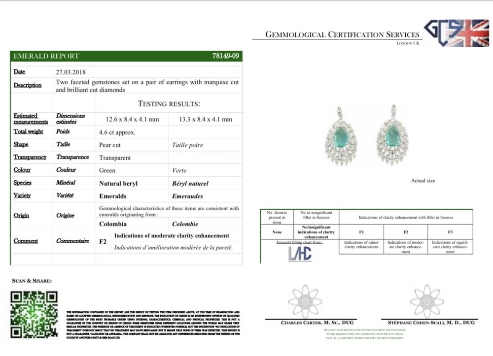 4.6ct Colombian Emerald and Marquise Diamond Cluster Drop Earrings with GCS certificate