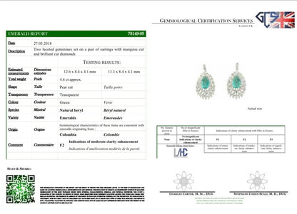 4.6ct Colombian Emerald and Marquise Diamond Cluster Drop Earrings with GCS certificate