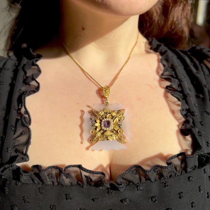 Antique Georgian Chalcedony Amethyst Natural Pearl and Gold Cross Pendant