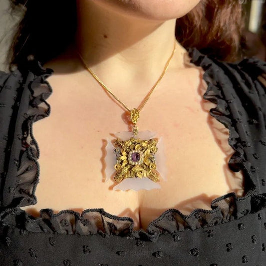 Antique Georgian Chalcedony Amethyst Natural Pearl and Gold Cross Pendant