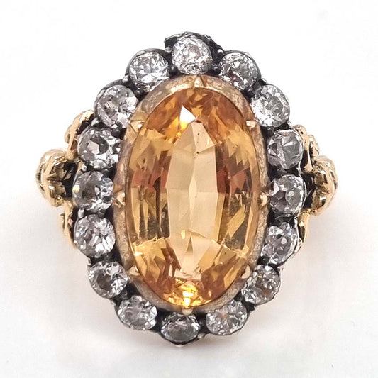 Antique 6.73ct Imperial Topaz and 1.60ct Old Cut Diamond Cluster Ring