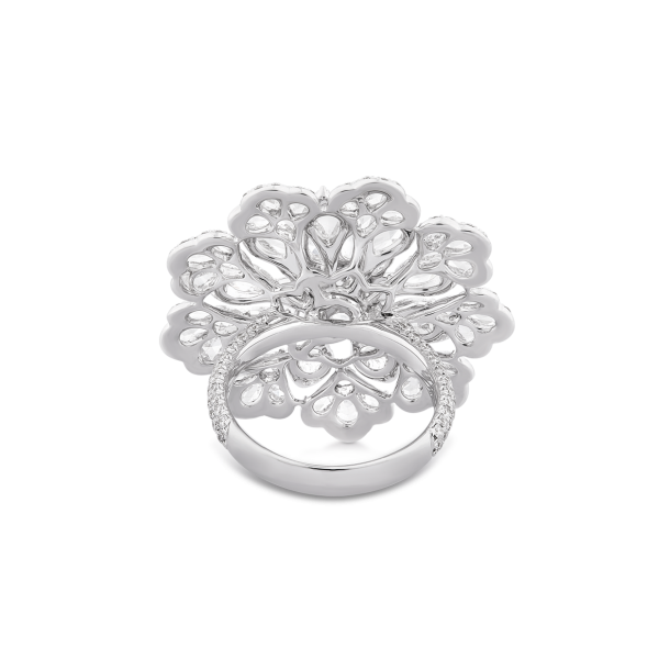 Diamond Flower Cluster Cocktail Ring; set with 54 pear shaped rose cut diamonds surrounded by round brilliant cut diamonds, 4.38 carat total