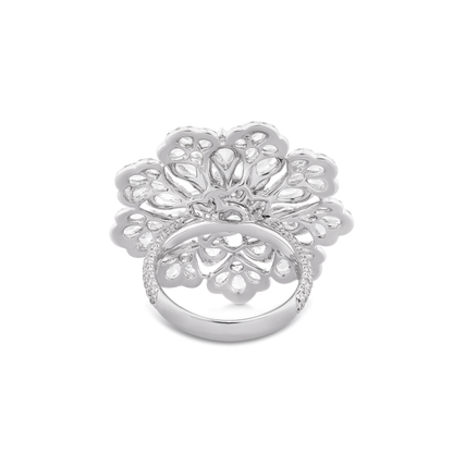 Diamond Flower Cluster Cocktail Ring; set with 54 pear shaped rose cut diamonds surrounded by round brilliant cut diamonds, 4.38 carat total
