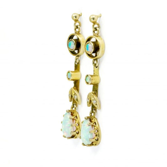Vintage Opal, Old Cut Diamond and Gold Drop Earrings; featuring pear-shaped and round cabochon opals accented with old mine-cut diamonds. Circa 1910-1940.
