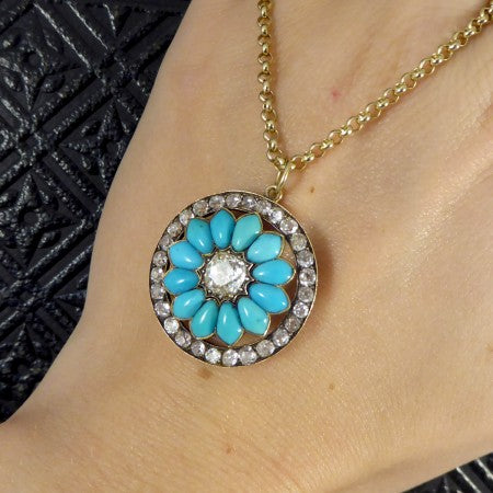 Victorian Old Cut Diamond and Turquoise Flower Pendant, 3.20 Carat Total
