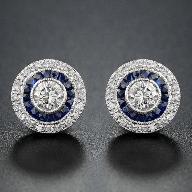 Diamond and Sapphire Target Cluster Stud Earrings