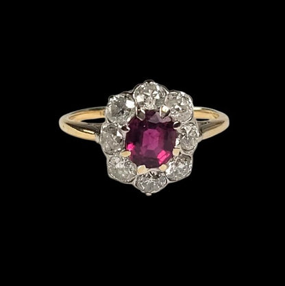 Antique Ruby and Old Cut Diamond Cluster Engagement Ring