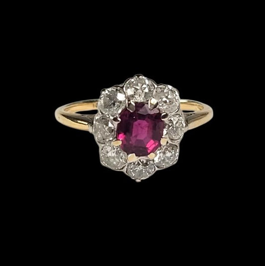 Antique Ruby and Old Cut Diamond Cluster Engagement Ring