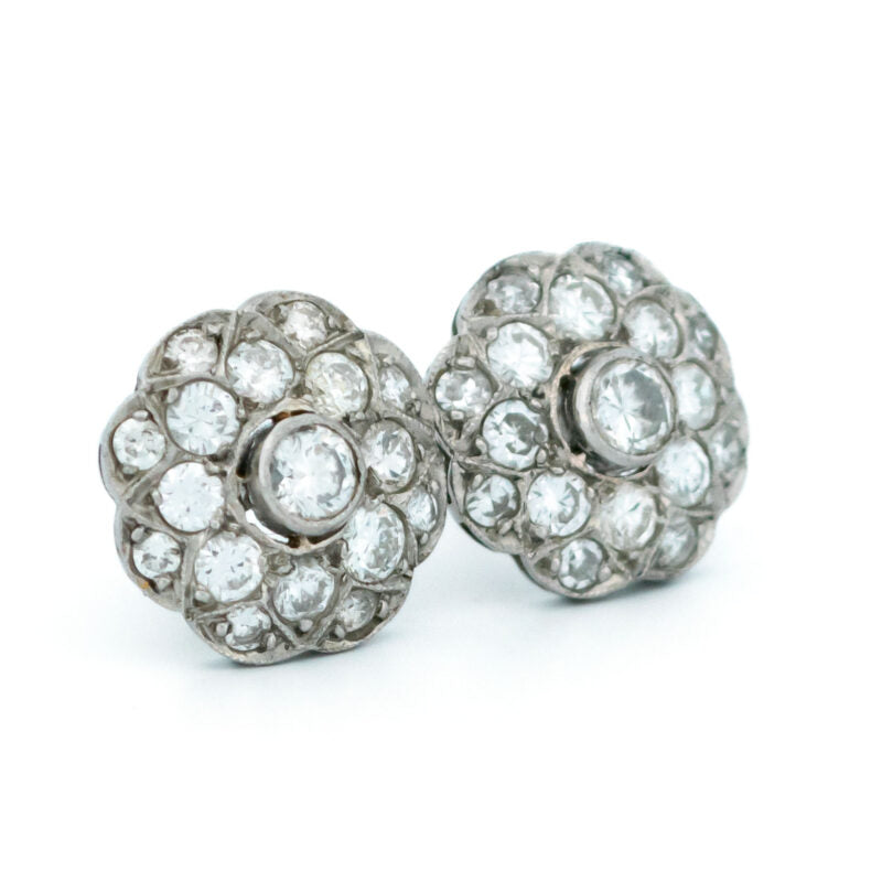 Art Deco Style Diamond and Platinum Cluster Earrings, 1.30 carats