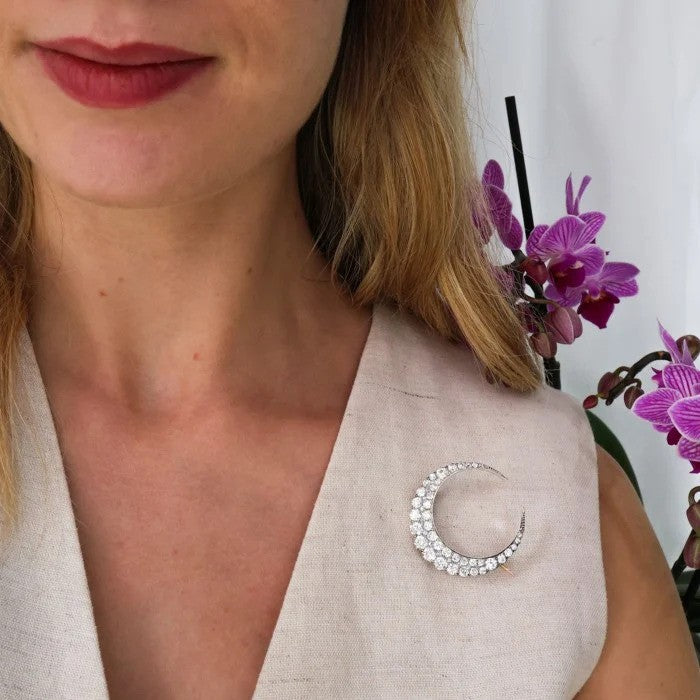 Victorian Antique 7ct Old Cut Diamond Crescent Brooch