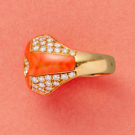 Vintage 1970s Coral and Diamond Dress Ring by Fred Paris