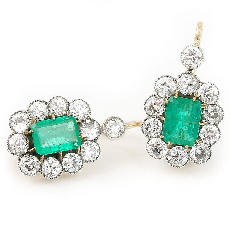 Art Deco 4ct Emerald and Diamond Cluster Drop Earrings