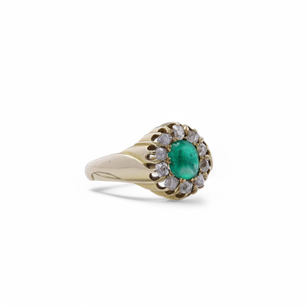 Emerald And Old Cut Diamond Cluster Ring In 14 Carat Yellow Gold