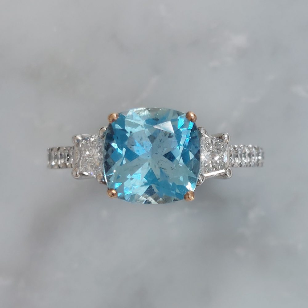 2ct Cushion Aquamarine and Trapeze Diamond Ring