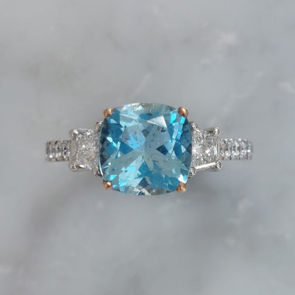 2ct Cushion Aquamarine and Trapeze Diamond Ring