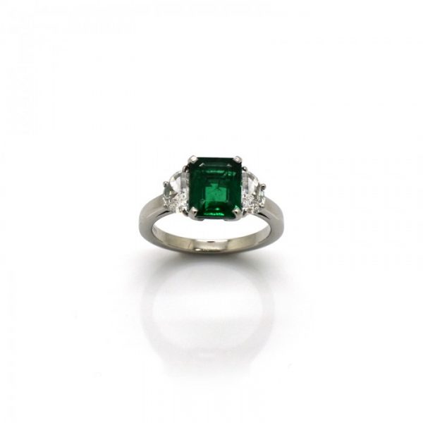 2ct Emerald and Half Moon Diamond Platinum Ring
