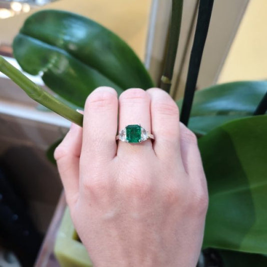 2ct Emerald and Half Moon Diamond Platinum Ring