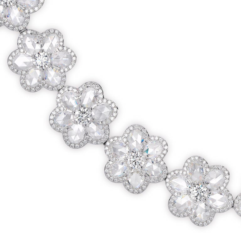 Rose Cut Diamond Floral Cluster Necklace, 36.39 carats, 18ct White Gold