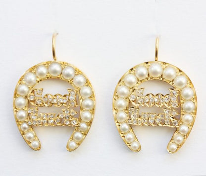 Antique Victorian Pearl and Diamond Set 18ct Gold Woven Bangle; pearl set horseshoe with diamond set 'good luck' text, with matching earrings