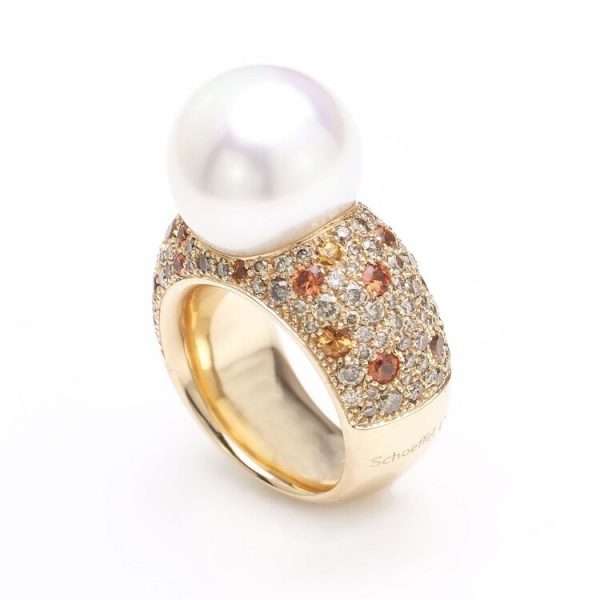 Schoeffer South Sea Pearl Domed Cocktail Ring with Diamonds and Orange and Yellow Sapphires