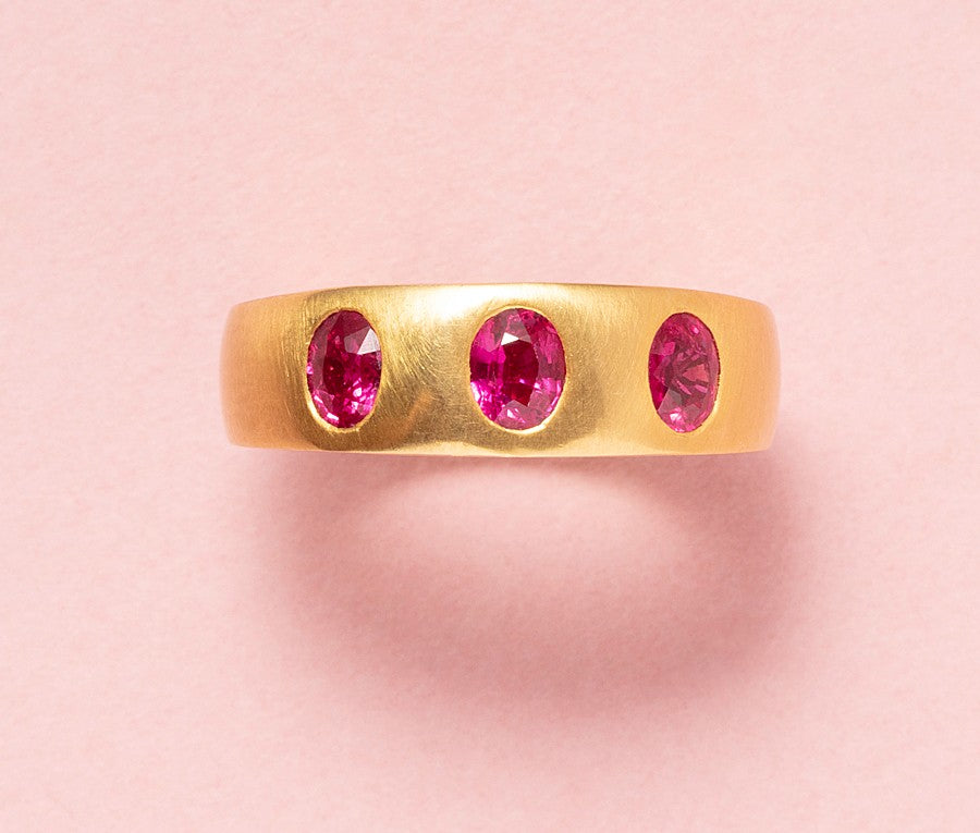Modern 18ct Three Stone Ruby Ring