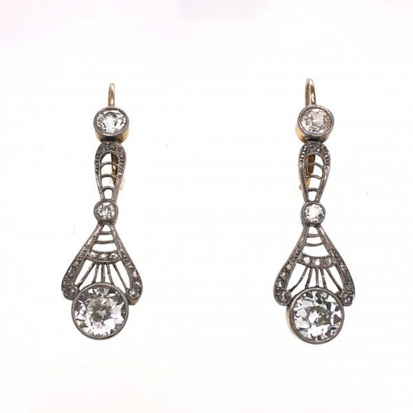 Edwardian Style Old Cut Diamond Drop Earrings, 2.40 carats