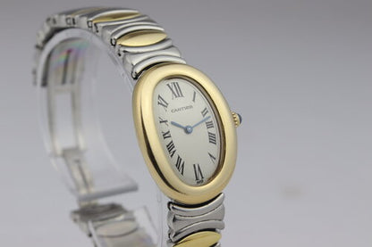 Cartier Baignoire Ladies Steel and Gold 22mm Quartz Watch, silver dial, Roman numerals, blue steel hands, sapphire cabochon crown, steel and yellow gold bracelet with double fold hidden clasp