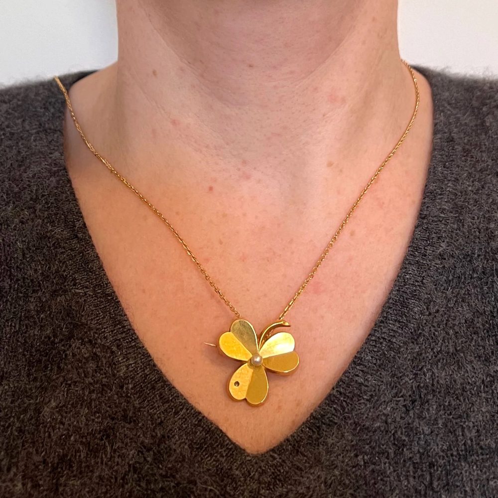 French Natural Pearl and 18ct Yellow Gold Clover Pendant come Brooch
