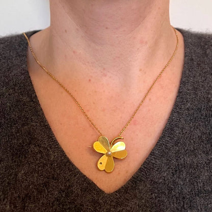 French Natural Pearl and 18ct Yellow Gold Clover Pendant come Brooch