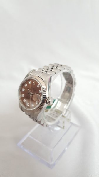 Rolex Lady Datejust 79174 with Original Diamond Set Copper Dial; 26mm stainless steel case with white gold bezel, automatic, self-winding movement, Circa 2002. Comes with Rolex box and papers