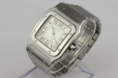 Cartier Santos Galbee Large Automatic Stainless Steel 32mm, white dial, Roman numerals, blued steel hands, date indicator at 4, sapphire crown and crystal glass, stainless steel bracelet with hidden clasp