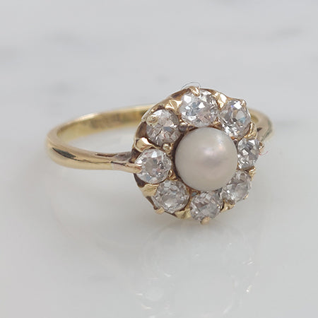 Vintage Natural Pearl and Diamond Cluster Ring