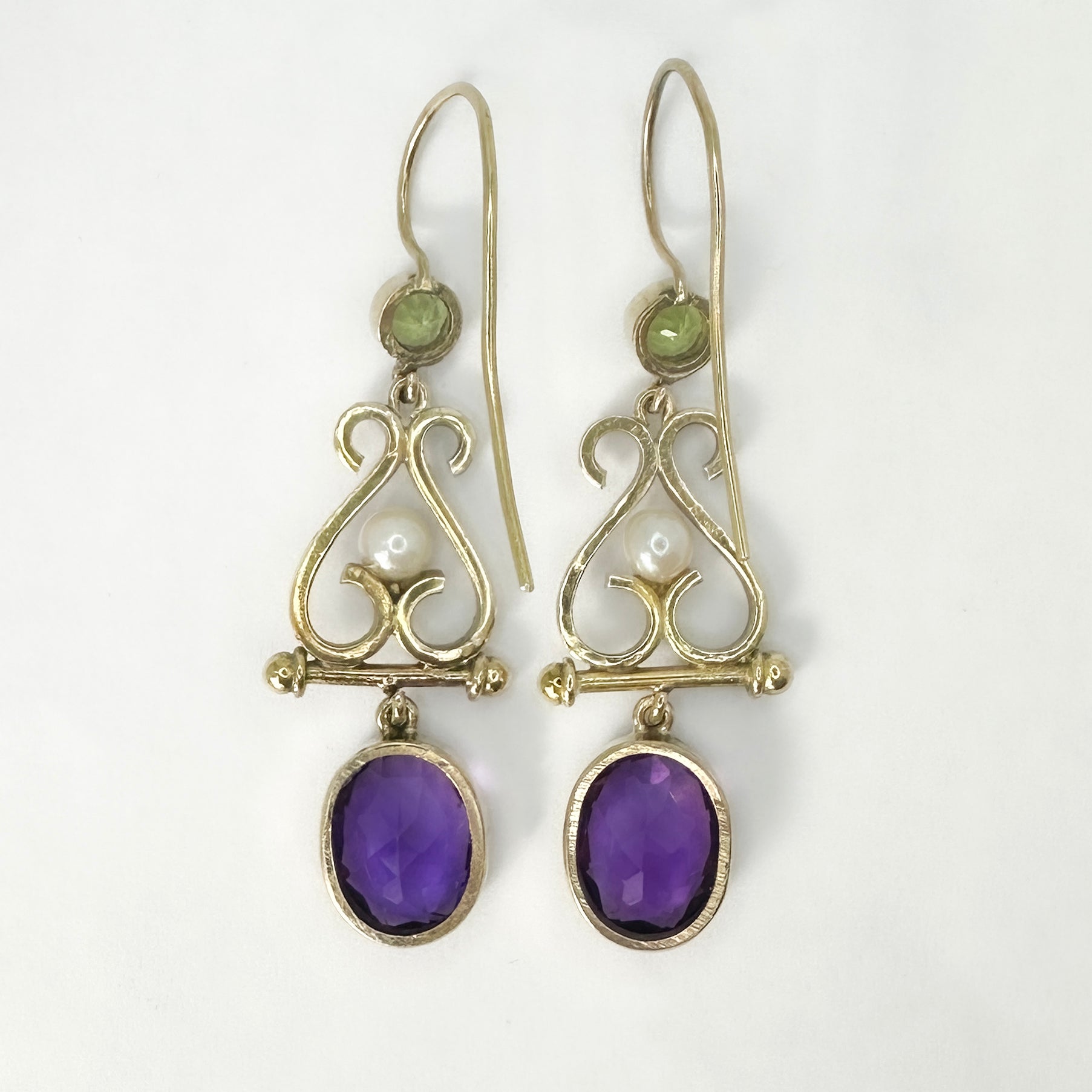 Antique Suffragette Amethyst Peridot and Pearl Drop Earrings