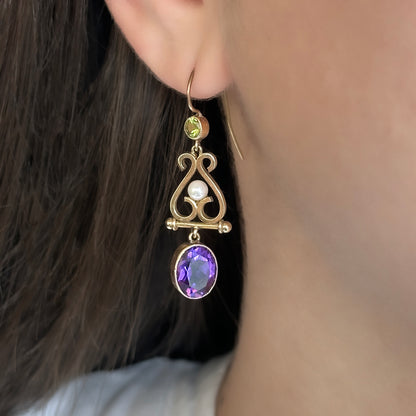 Antique Suffragette Amethyst Peridot and Pearl Drop Earrings